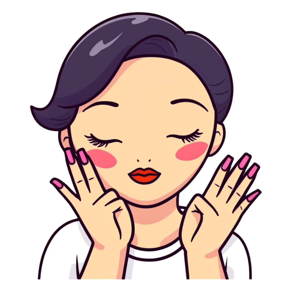 A cute face with closed eyes that form upward curved lines, eyelashes, pursed lips with lipstick, and a hand gesture with only the thumb out while other fingers are closed, all nails painted sticker