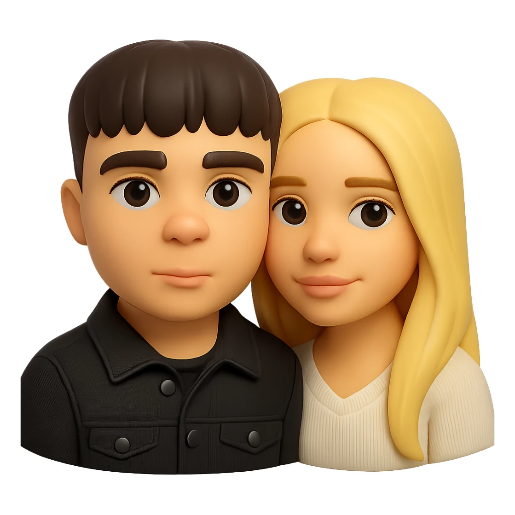 Create a 3D emoji in the Microsoft style of a guy in a black buttoned denim jacket and a girl next to him. Preserve the facial features and overall appearance of both individuals. Remove the background. sticker