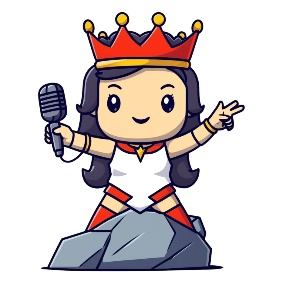 rock and roll queen with crown, microphone, rock star pose, energetic sticker