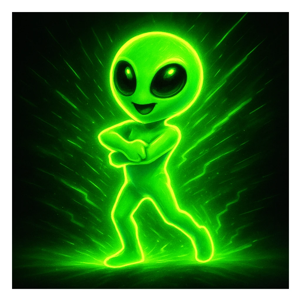 An alien dancing in neon green with an energetic pose and glowing effect, in a modern style. Emphasize the energy and neon green glow in a contemporary look. sticker