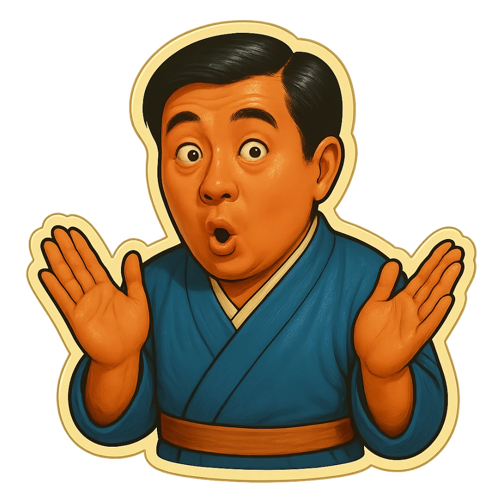 The same Japanese man in traditional kimono looks at the viewer with a surprised look, and his hands are empty sticker