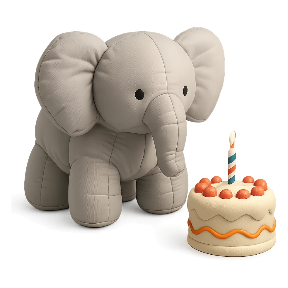 elephant beside one colorful candle-lit fruit cake, cushion style sticker