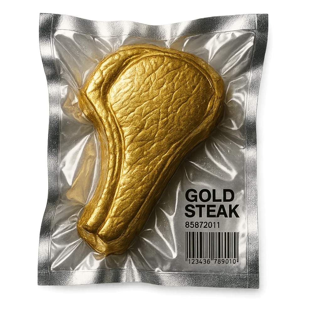 luxurious gold steak, glossy, vacuum-sealed style sticker