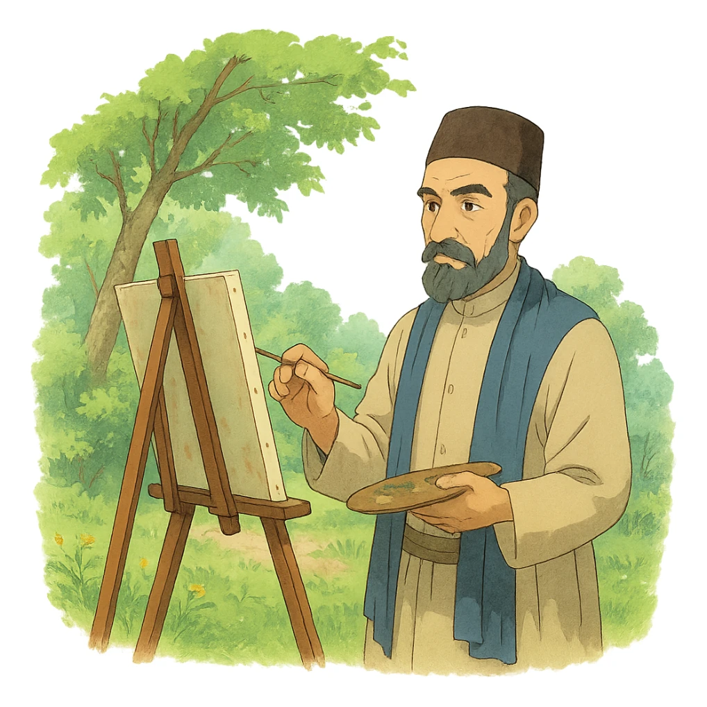 Kamal-ol-molk, Iranian painter, ghibli-inspired style, painting outdoors sticker