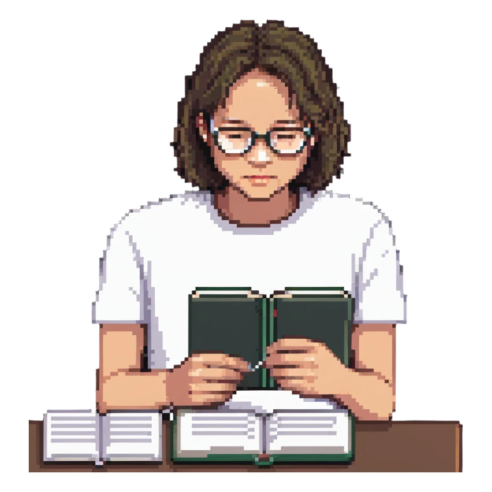 programmer with glasses, white t-shirt, sitting with a notebook sticker