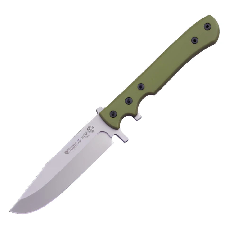 tactical bushcraft knife with olive green handle sticker