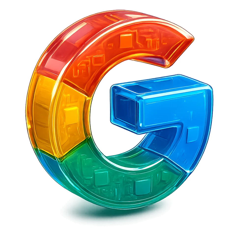 Make this Google icon glossy and vibrant with a shiny finish that enhances the original Google colors, maintaining the 3D look and transparent background. sticker