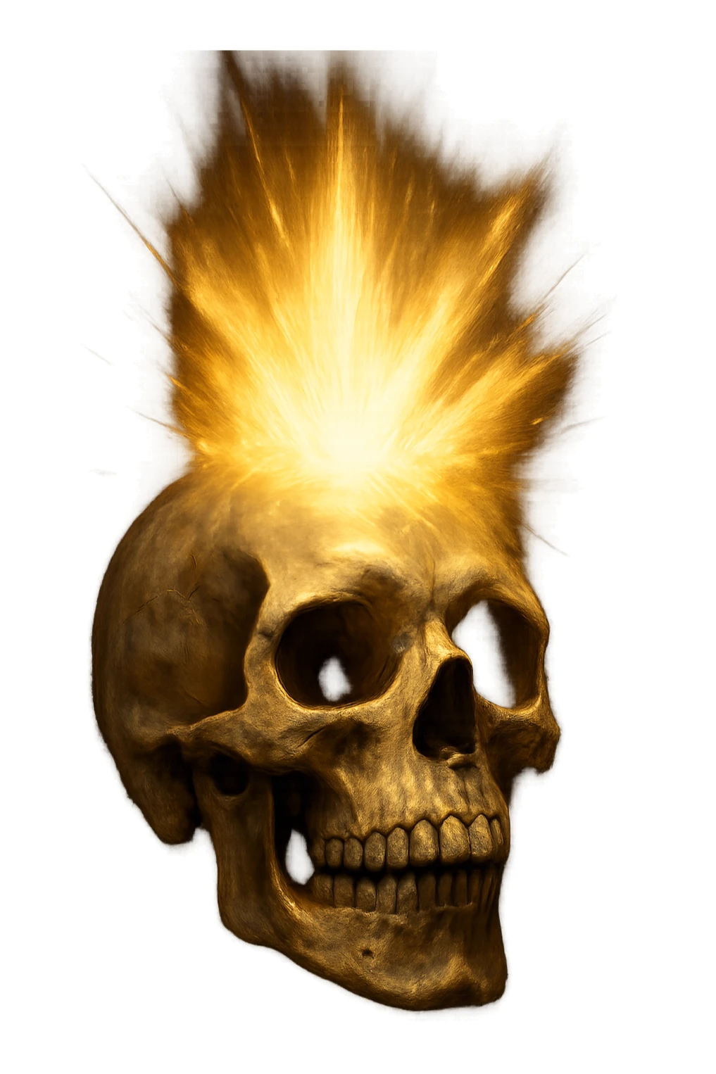 a realistic skull with a burst of energy or light coming from the top, intense, no background sticker