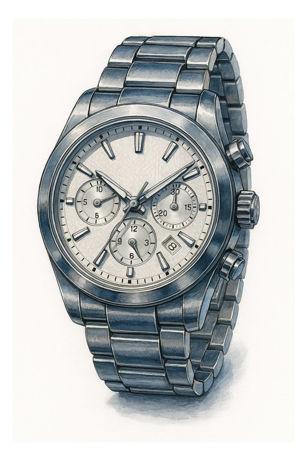 Сгенерируй мне часы металические, дорогие, в чуть рисованном стиле. На чисто белом фоне. БЕЗ НАДПИСЕЙ. Но при этом объмная и яркая sticker