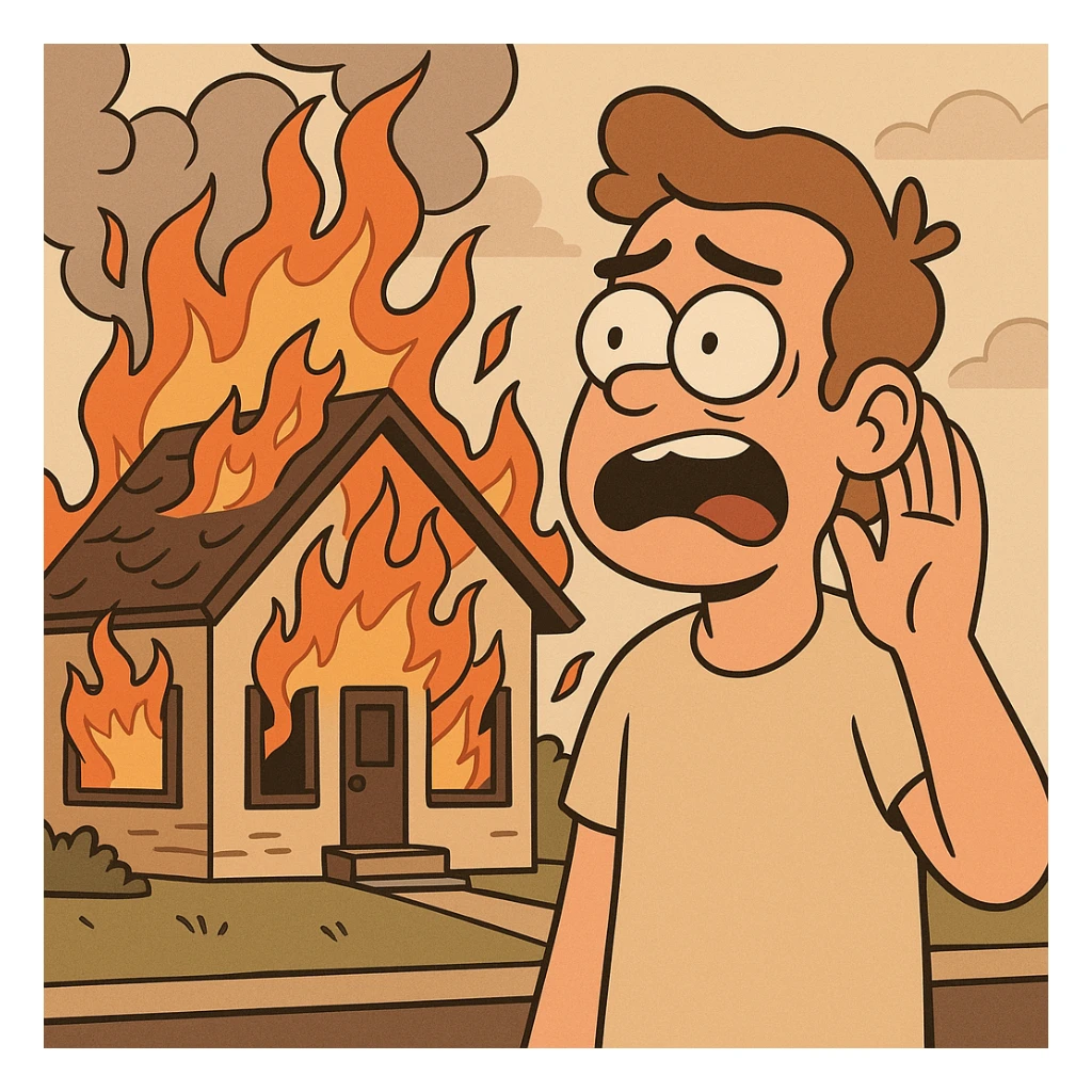 a house on fire, cartoon style sticker