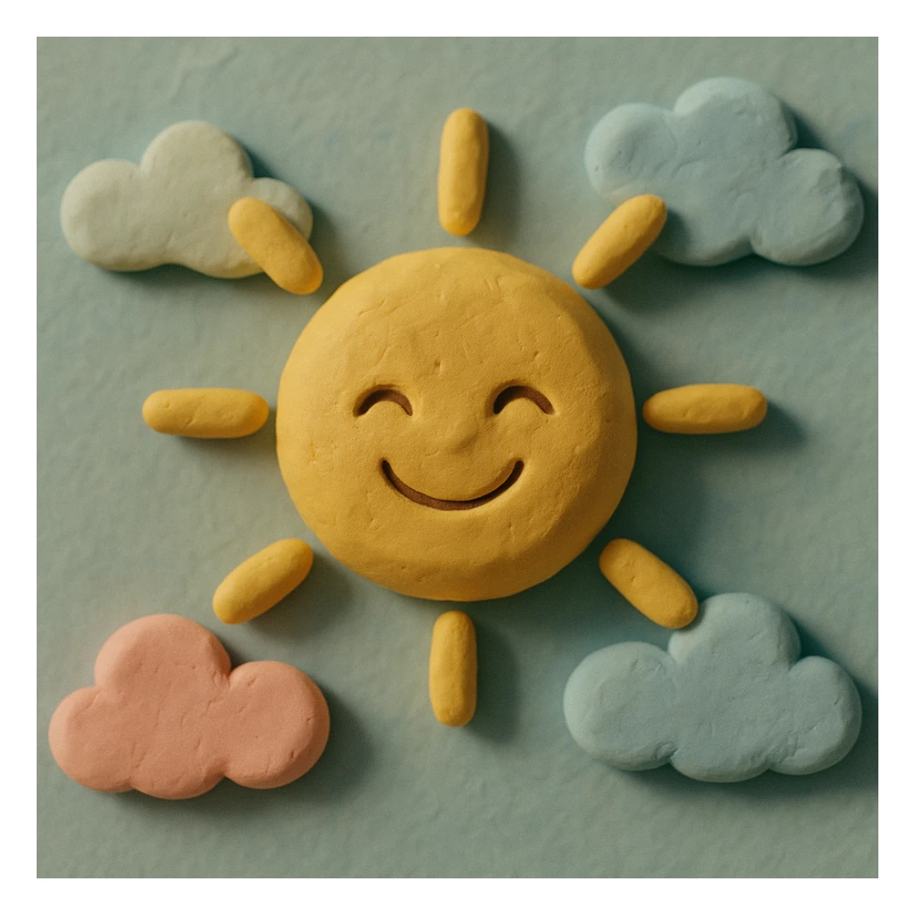 smiling sun with clouds, pastel colors, visible fingerprints, soft matte plasticine claymation style sticker