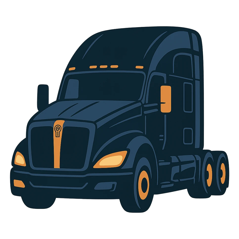 Edit the 2026 Black Kenworth T680 Sleeper semi truck to a more front-facing angle in a cartoon style with headlights on, no background. sticker
