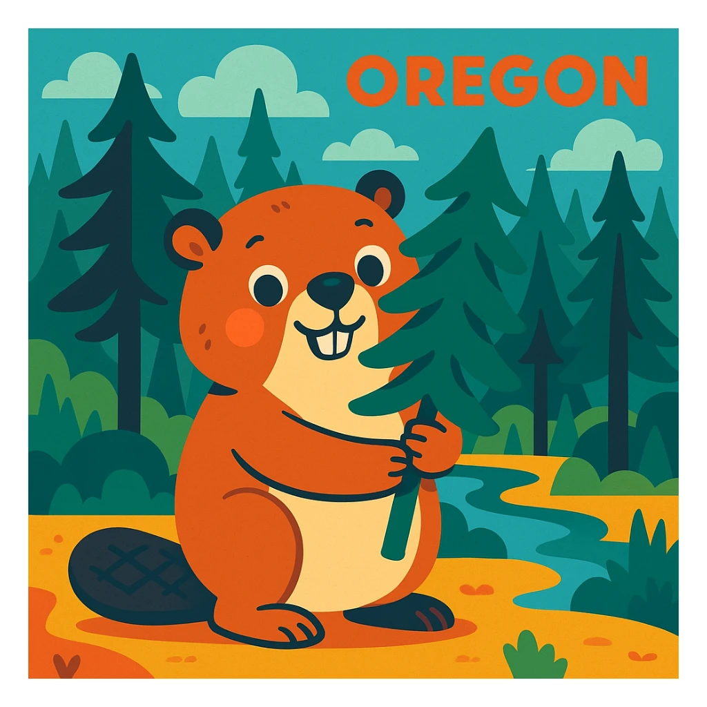 a beaver holding a pine tree, Oregon forest background, cute style, vibrant toon sticker