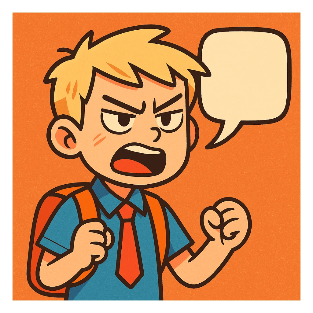 school student, light-haired boy, irritated and showing dislike, saying something, vibrant toon style sticker