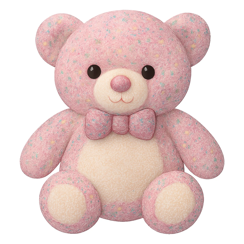 Change the glitter on the teddy bear and bow tie to multicolored glitter, keeping the pink and white fur, flat lighting, no shadows or background, soft plush look, maintain transparency. The style should reflect a soft plush teddy bear with a transparent background and no shadows. sticker