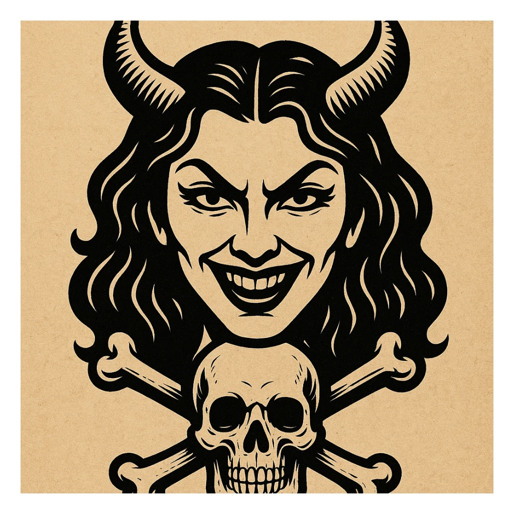 cara malvada sonriendo con cuernos y una calavera con huesos cruzados sticker