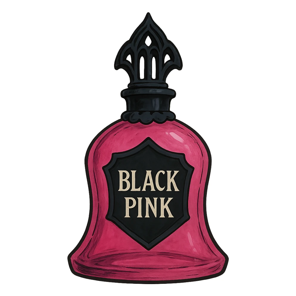BLACKPINK-inspired gothic perfume bottle, no hearts, dreamy and bold, black and pink sticker