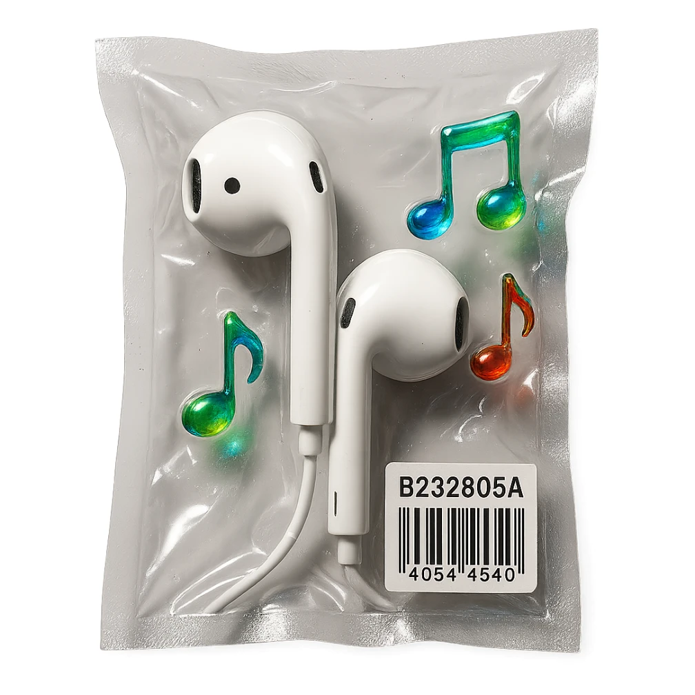 pair of white EarPods with three small rainbow glass music notes floating nearby, shiny and inflated sticker