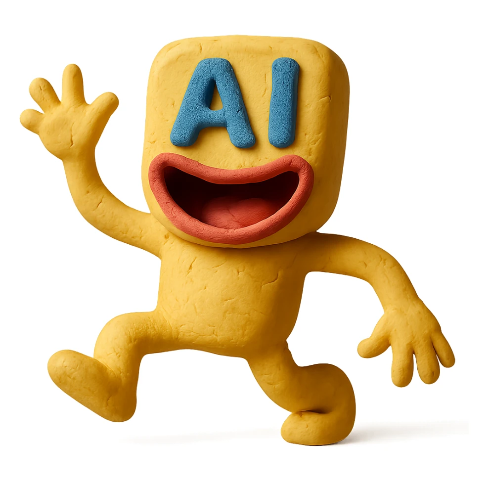 claymation style funny AI with exaggerated mouth, playful pose sticker