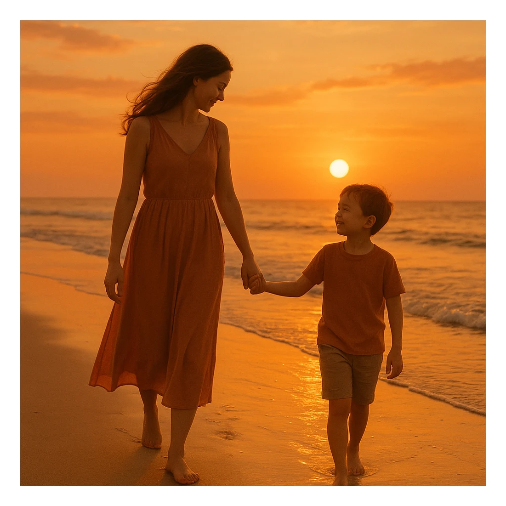 A mother and son walking hand in hand at the beach during sunset, warm colors, peaceful atmosphere sticker