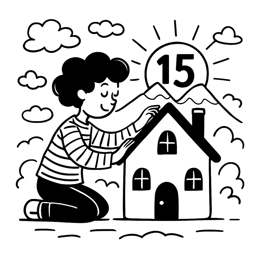 Add fluffy clouds to the scene, keeping the sunshine rising from mountains with the number 15 visible and integrated, in a black doodle style. The style should resemble hand drawn black doodles with clear lines and simple shading. sticker