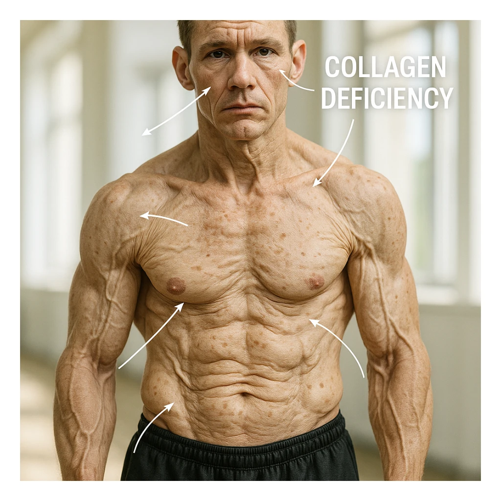 hyper realistic young bodybuilder with signs of premature aging due to low collagen, sculpted muscles, sagging skin and spots, arrows showing collagen deficiency, bright environment sticker