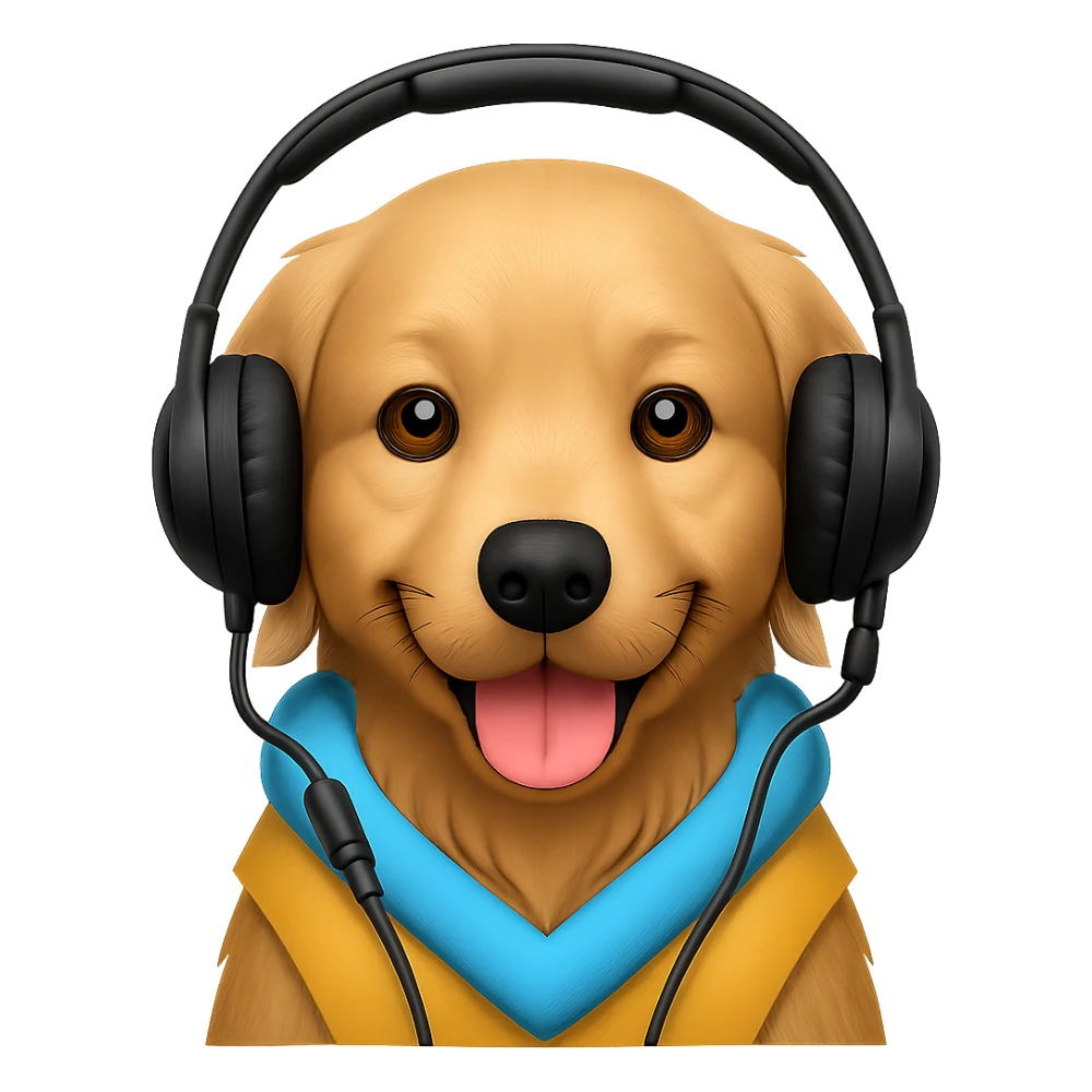 A golden retriever emoji with a realistic headset style, friendly and approachable, wearing a headset, with no background. sticker
