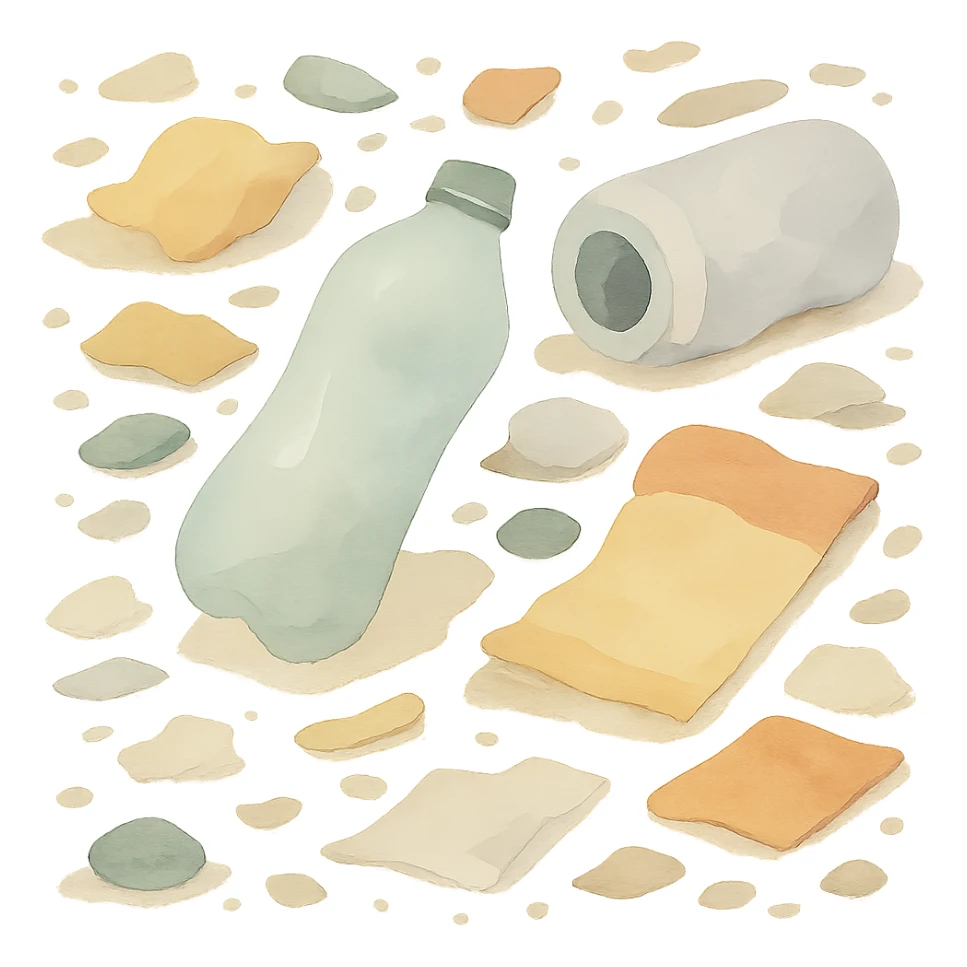 Make the trash on the floor look much messier, with more scattered items, in a watercolor art style, no background. sticker