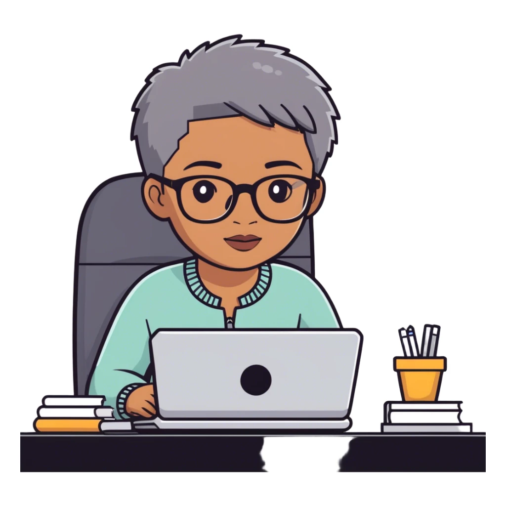 Light skinned Black girl with glasses natural gray haircut working on computer sticker