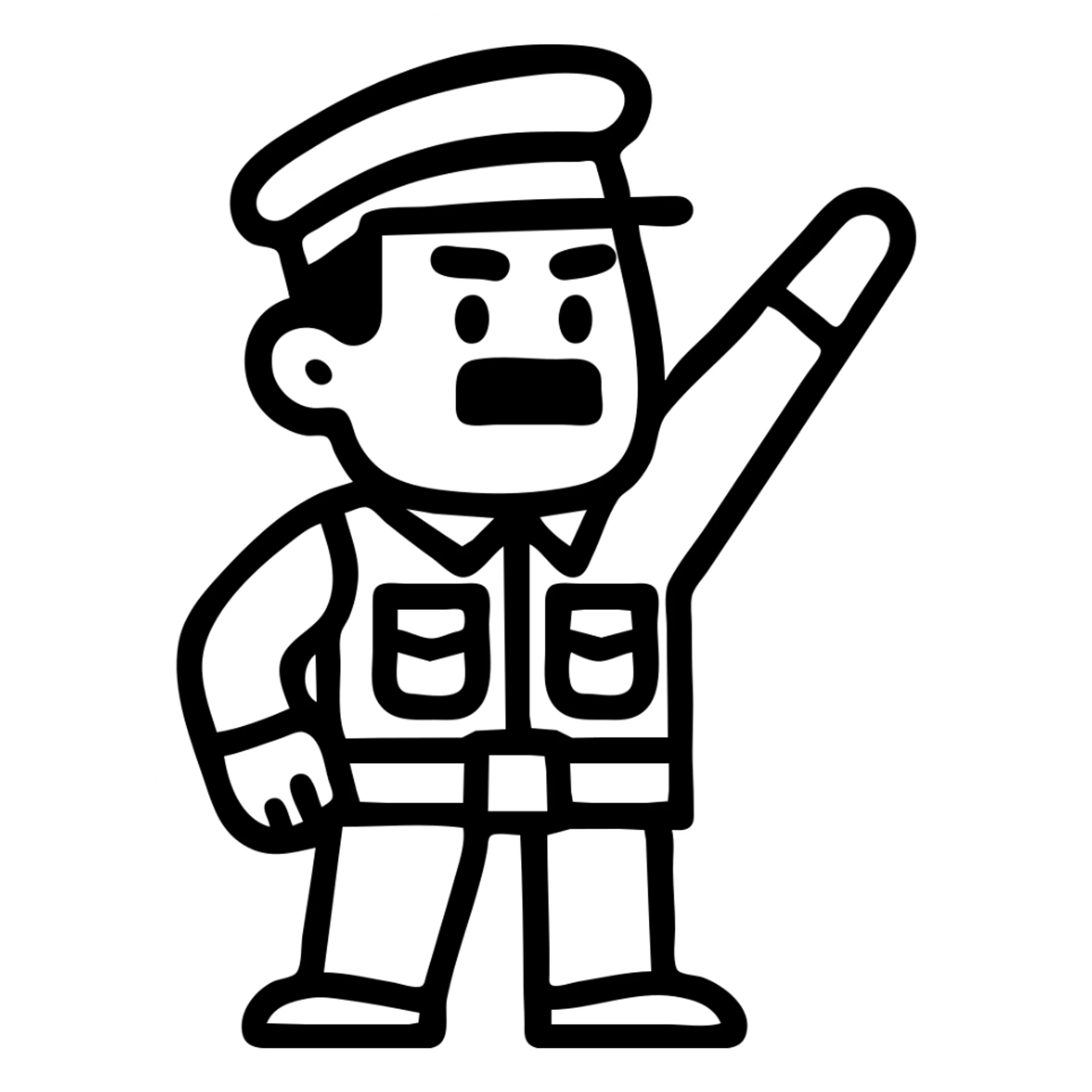 Make the man have his right hand raised at a 45 degree angle, and make the square moustache smaller, keep the brown soldier uniform, no background. sticker