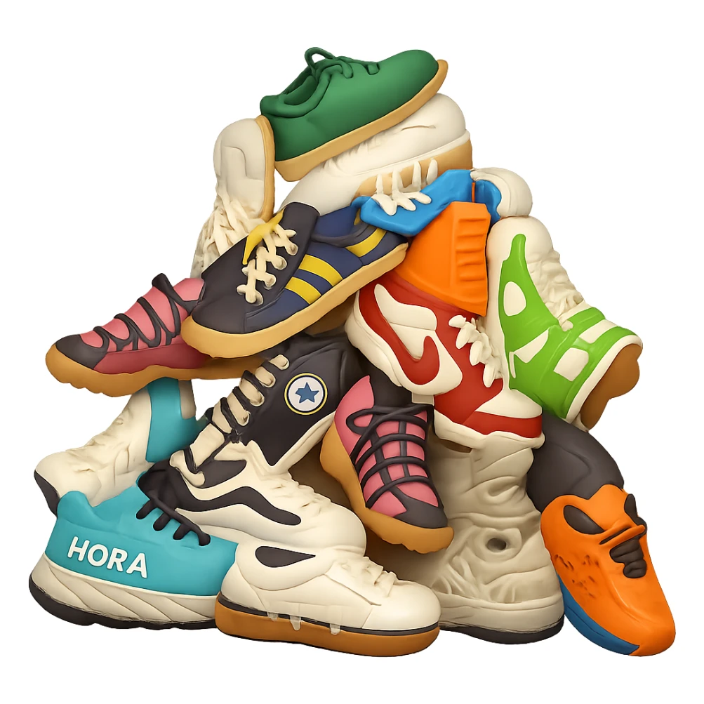 Transform this pile of mixed sneakers into a semi-realistic 3D emoji style with a slightly playful, rounded, and polished texture. The look should be inspired by 3D emoji icons but not cartoonish. Use soft shading and vibrant but believable colors. The background should be transparent. sticker