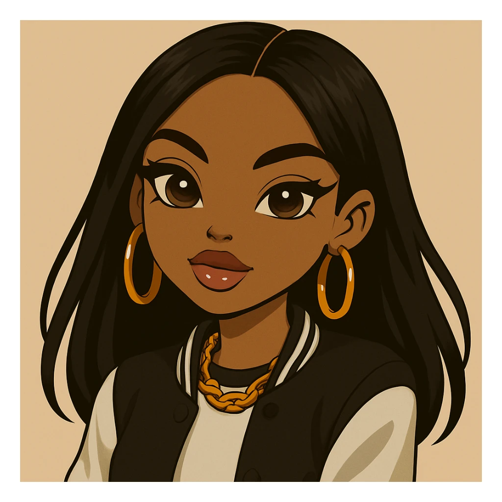 Remove the wink, keep both eyes open with a sassy attitude, headshot only, 20-year-old anime Bratz style woman with dark skin, straight hair, trendy streetwear, big expressive eyes, glossy lips, no hat, no tears, confident and playful expression, in anime Bratz style. sticker