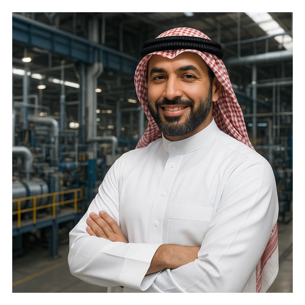 an Arabian factory owner wearing traditional attire, confident and friendly expression, industrial background, modern style, suitable for branding sticker