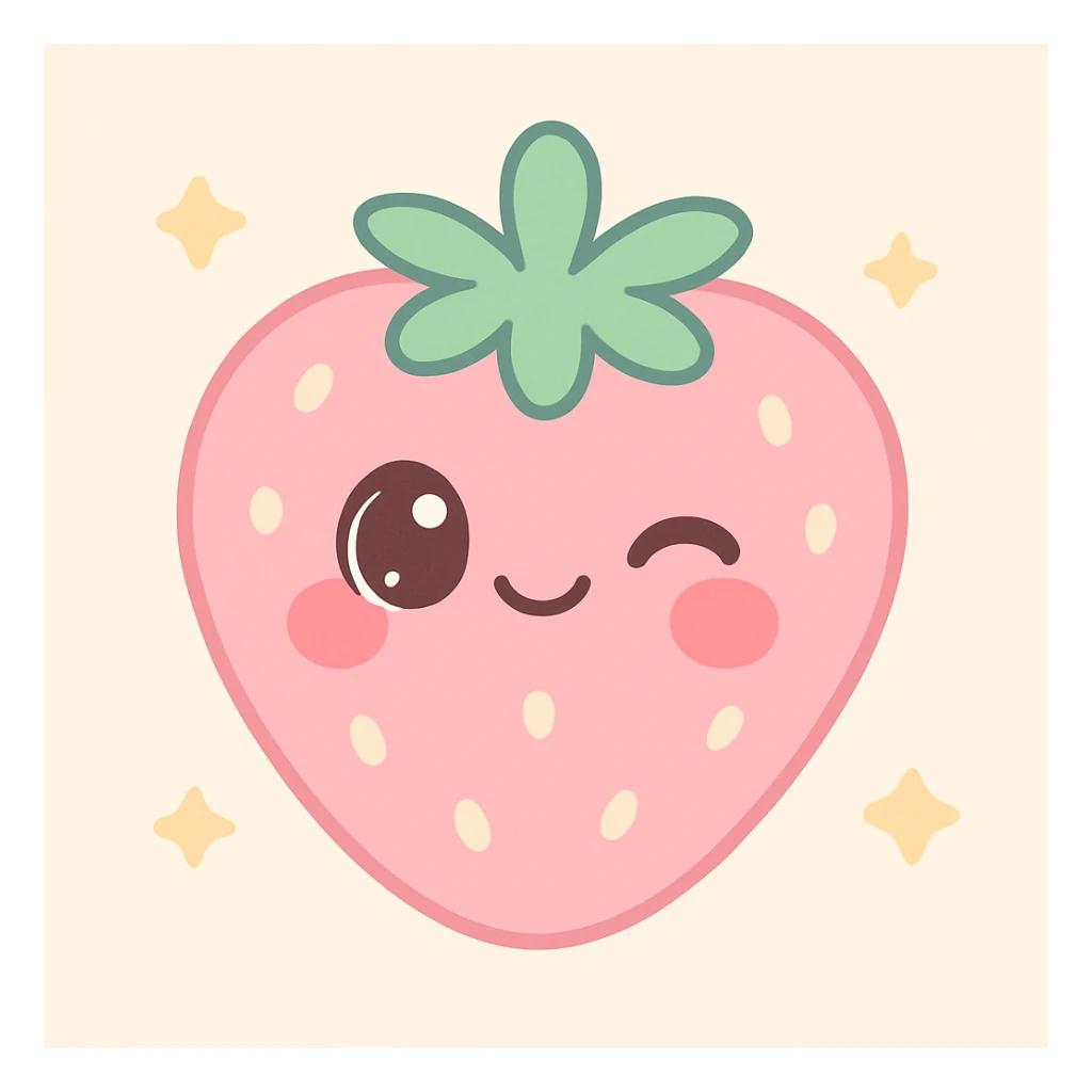 pink strawberry with a cute face, kawaii style, winking and blushing sticker