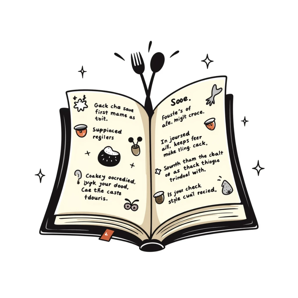 Whimsical enchanted cookbook with magical fork and spoon emblem that's animated with sparkling fairy dust, magical recipe collection sticker