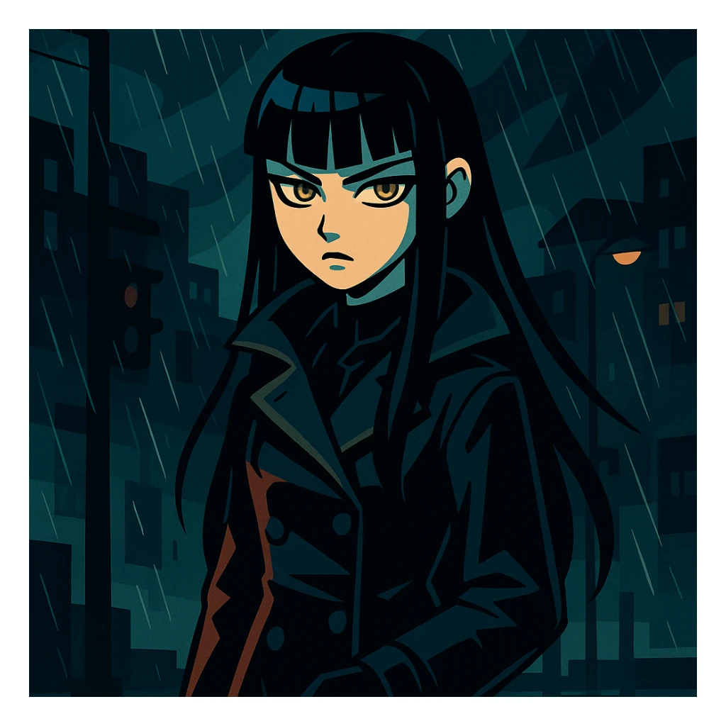gothic shoujo anime girl named EchoMoon, long black hair, sharp bangs, pale skin, amber green eyes, cold expression, dark raincoat, gloves, standing in rainy urban setting, dramatic lighting, ultra-detailed, moody, dark palette sticker