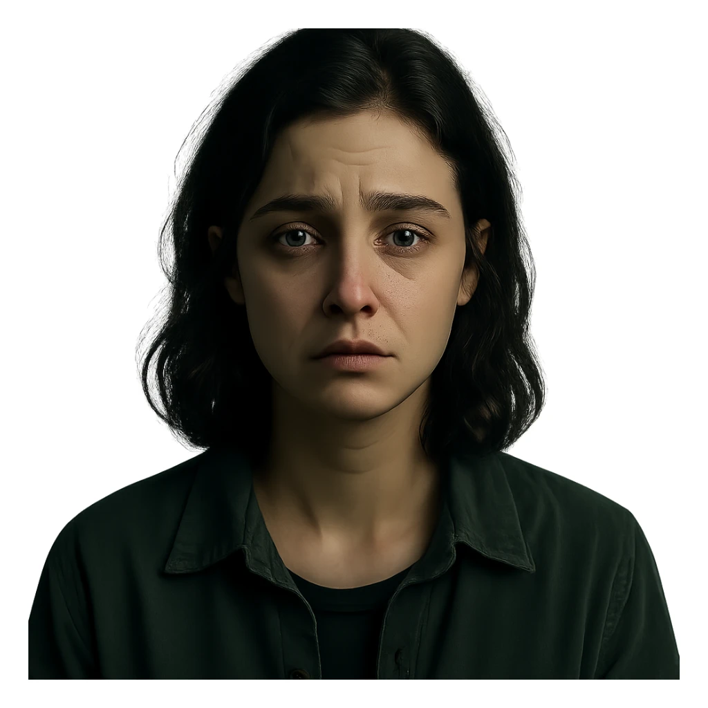 Create a centered portrait of the same woman with a sad expression, transparent background, in the style of a Netflix series. sticker