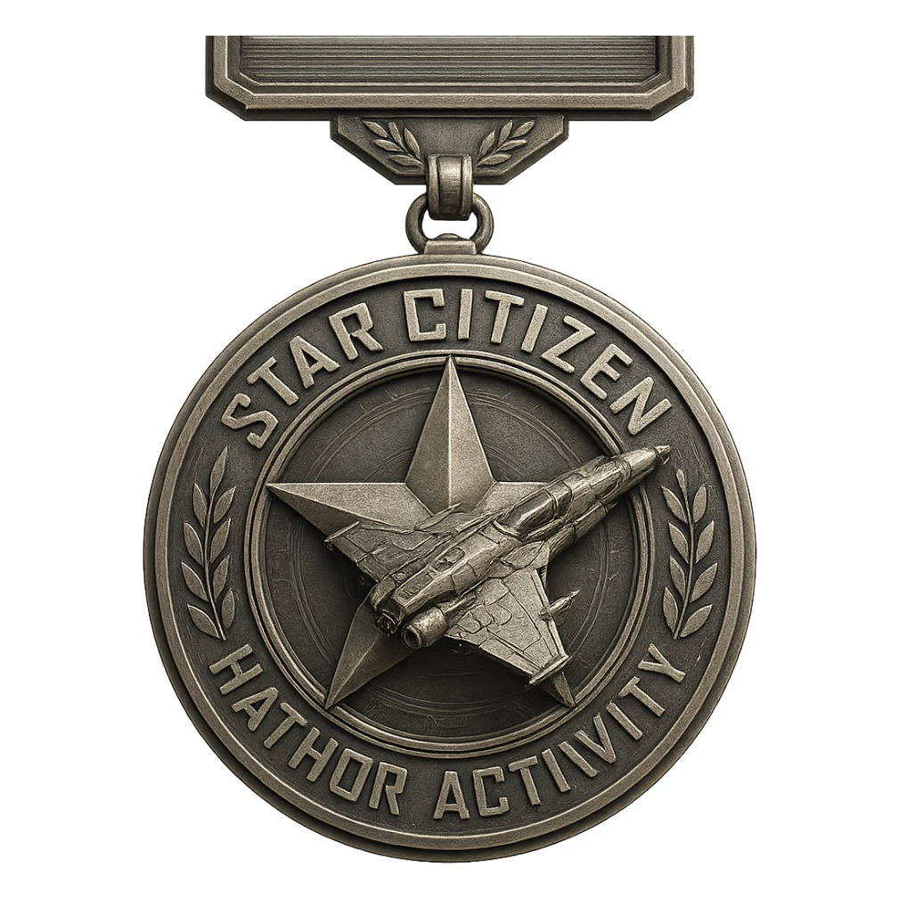 achievement medal for Star Citizen Hathor activity, metallic, includes a star and spaceship, sci-fi inspired, detailed and prestigious sticker