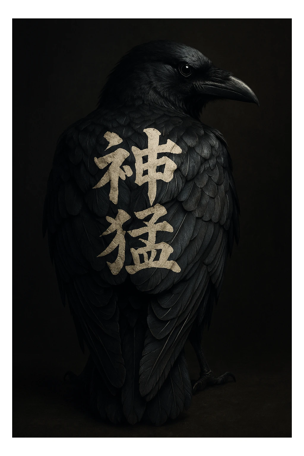 A crow with its back turned, displaying bold yakuza-style kanji writing across its feathers, dramatic lighting, and a tough attitude sticker