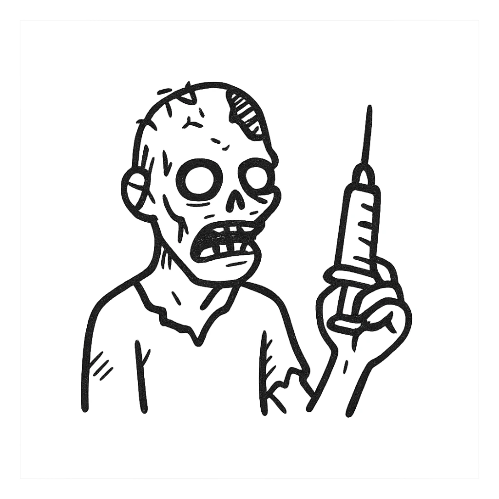 zombie holding a syringe, hand drawn black outline style sticker