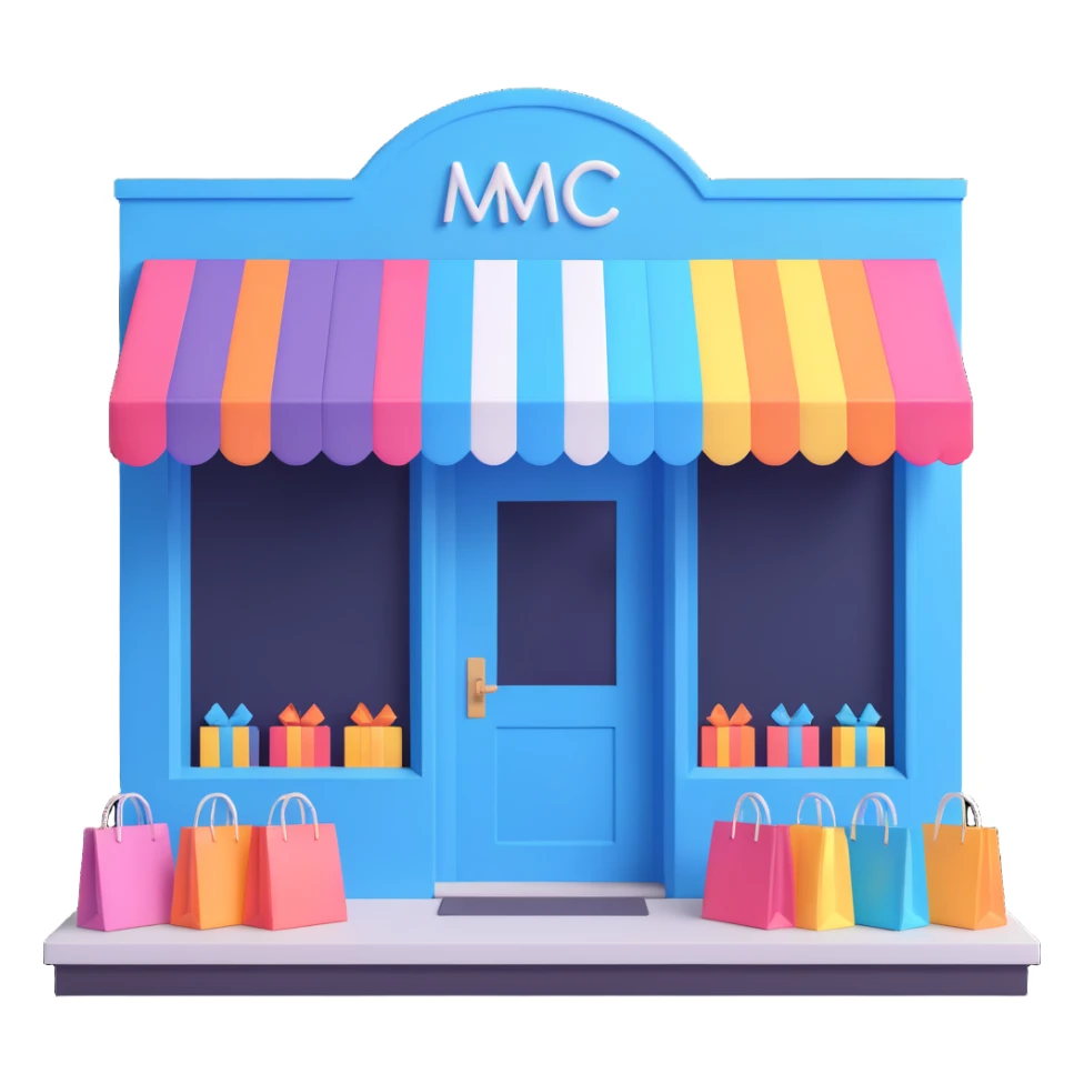 friendly storefront with striped awning and shopping bags at the entrance, pastel colors sticker