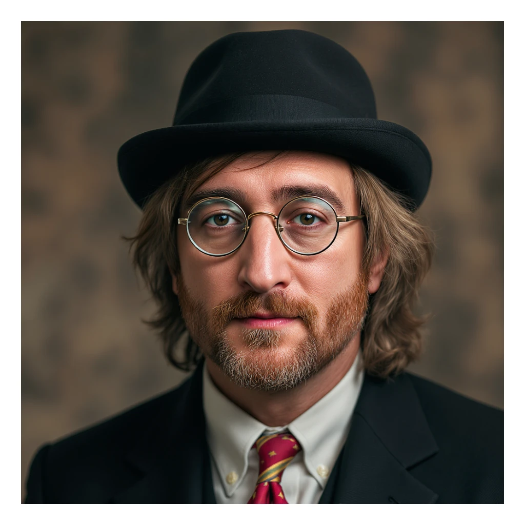 John Lennon with round glasses and a bowler hat, photorealistic style, highly detailed, soft lighting sticker