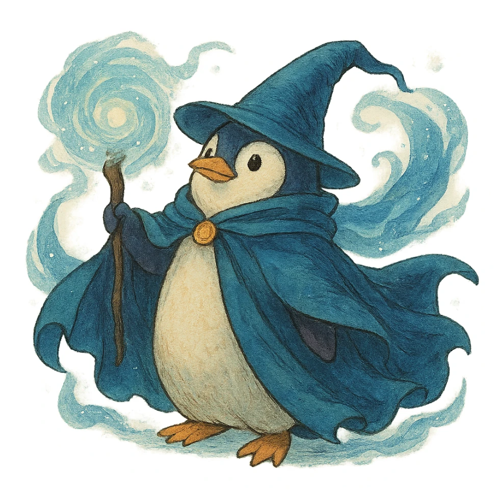 ghibli style penguin wizard with flowing cloak and magical aura sticker