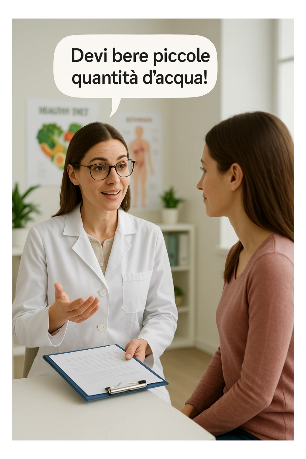 Nutrizionista dice ad una donna "devi bere piccole quantità d'acqua!" in italiano sticker