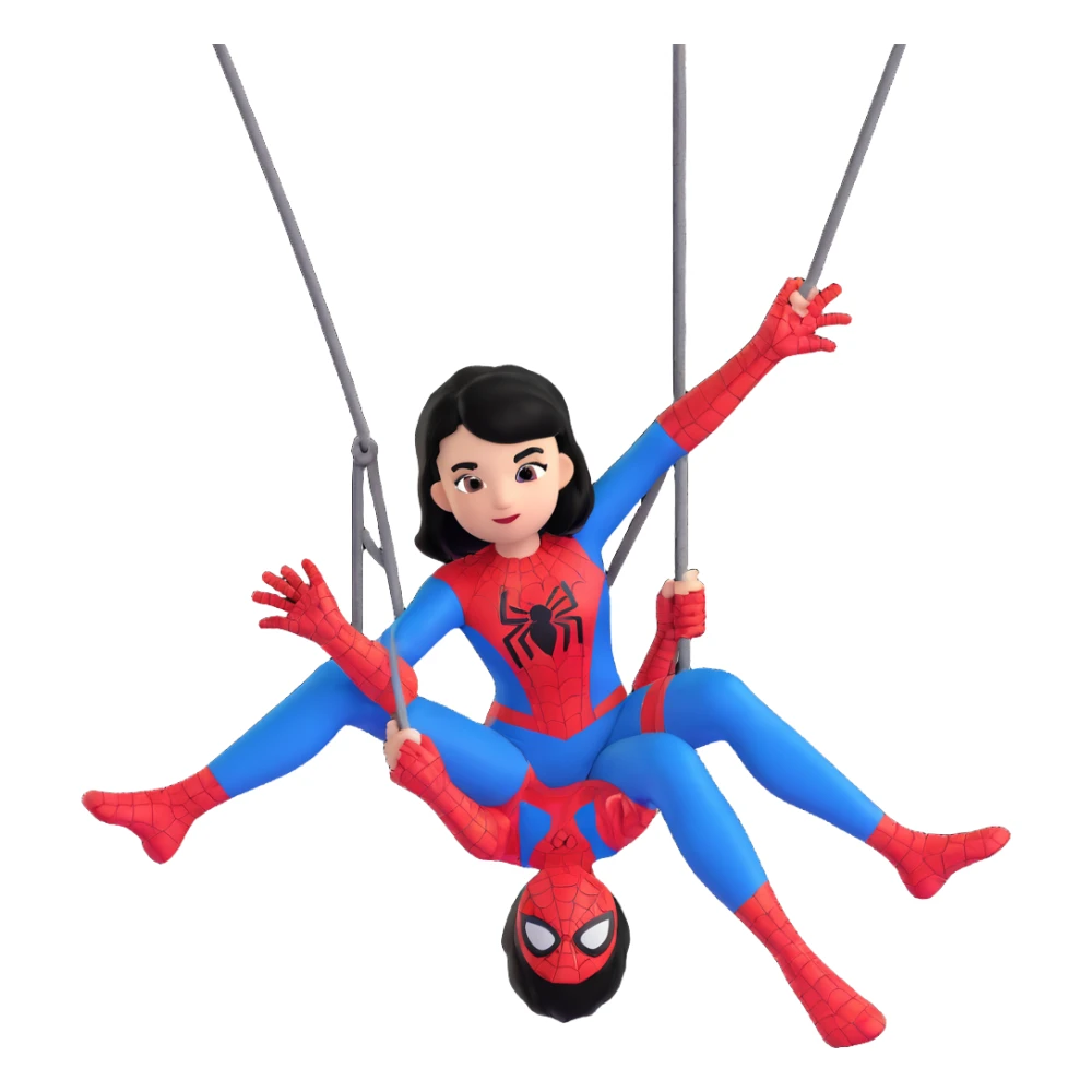 girl with black hair swinging in a Spiderman suit sticker