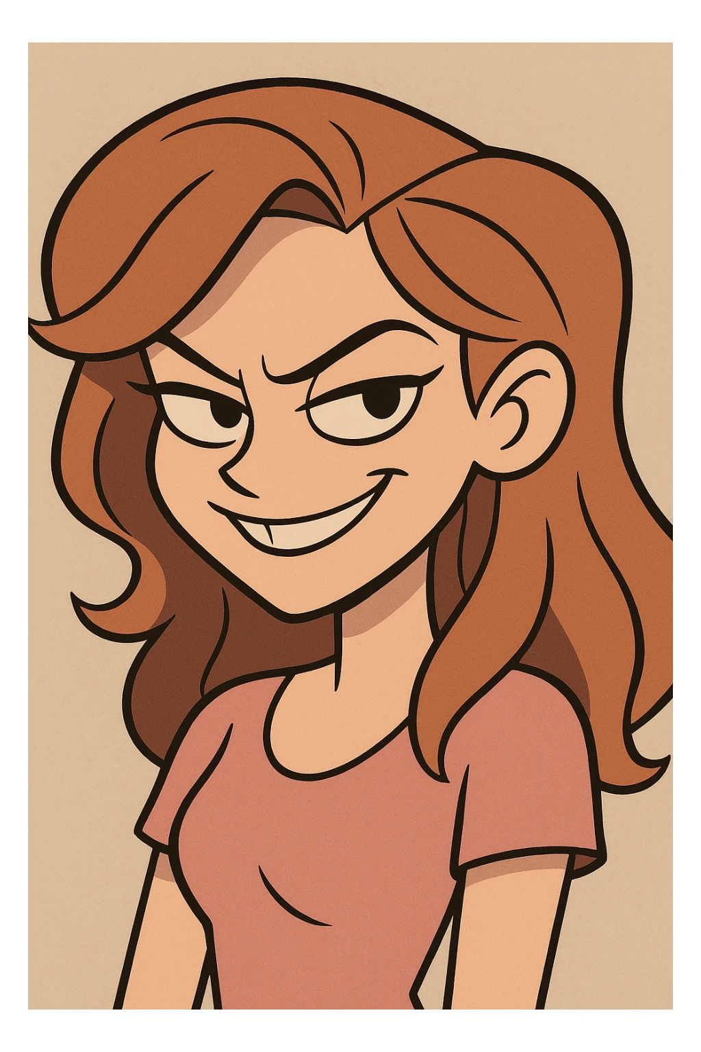 a beautiful girl with a mischievous, sly smile and sharp eyes, bold cartoon style sticker