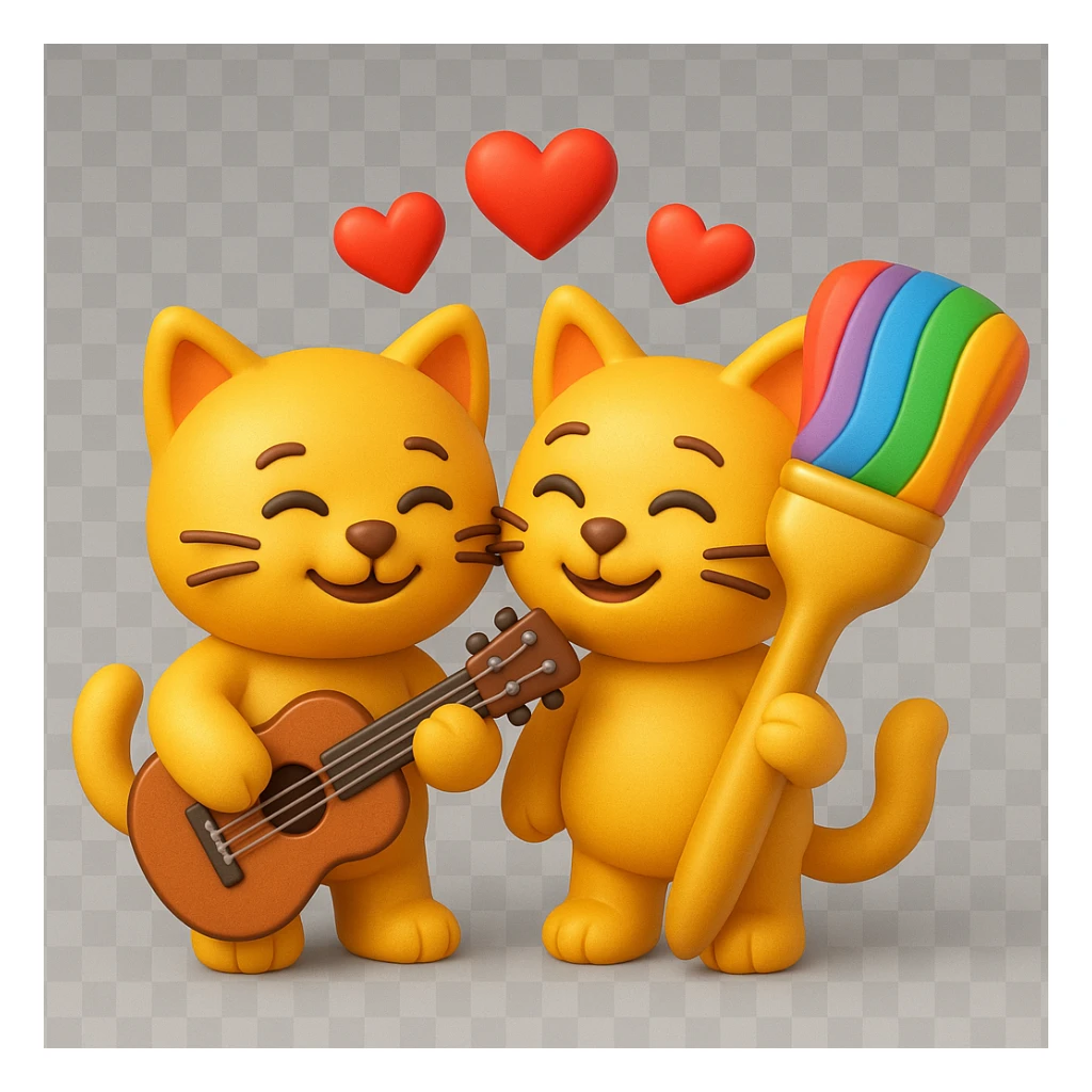 Make the paintbrush rainbow-colored. Keep the two happy cats in love, one with a guitar and the other with a giant rainbow paintbrush. Add hearts above them. The style should resemble 3D emoji style with a transparent background. sticker