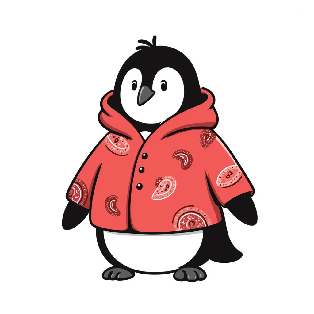 penguin wearing a red paisley pattern hoodie sticker