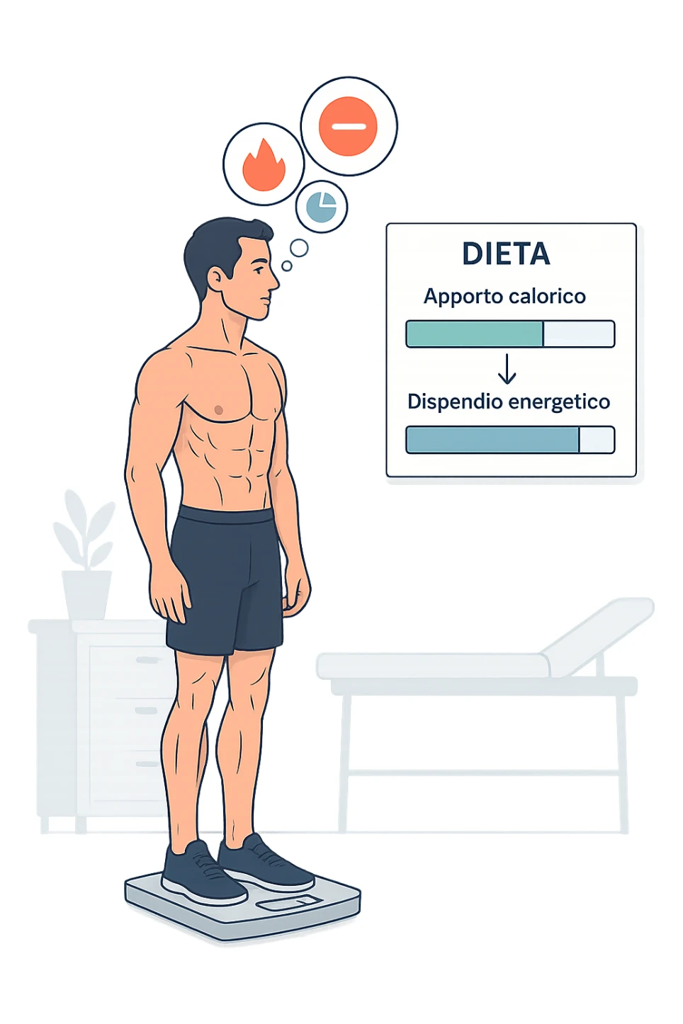 a man stands on a digital scale, looking at a nutrition chart that shows his daily calorie intake is lower than his energy expenditure. Floating icons above his head display a negative calorie balance, and his body appears slightly leaner, with visible muscle definition. The background is a modern clinic, emphasizing the concept of caloric deficit. scritto in italiano sticker