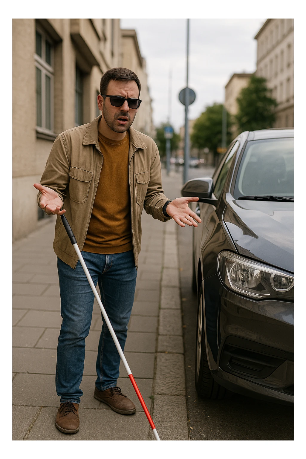 A visually impaired person using a white cane, stopped by a car parked on the sidewalk, showing frustration or confusion. sticker